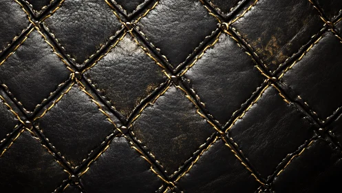 Luxurious black quilted leather texture with golden seams, close-up.