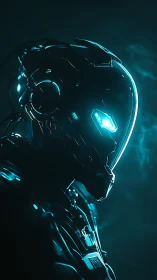 Cyberpunk exosuit portrait in teal rim lighting profile study.