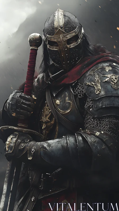 Storm-lit armored knight quietly readies a steadfast defense