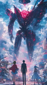 Colossal mecha descends over ruined neon city skyline.