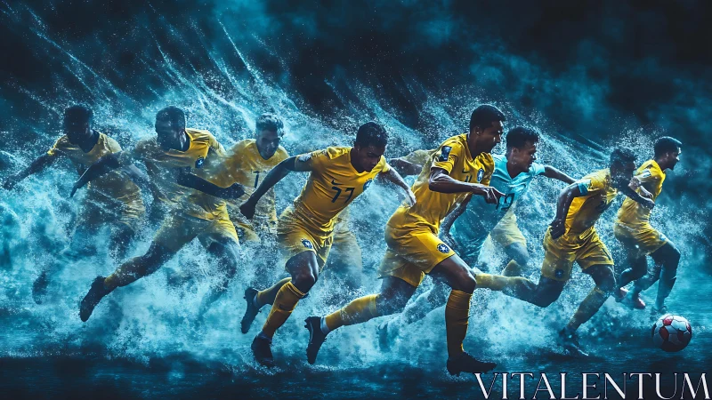 Rushing soccer players surge forward through misty blue energy.