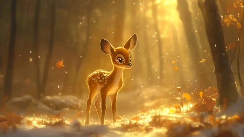 Gentle fawn glowing softly in golden forest light.