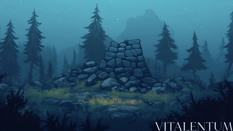 Layered forest landscape with stone rock formation in misty setting.