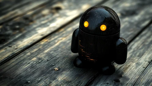 Glossy black robot toy stands on weathered wooden boards