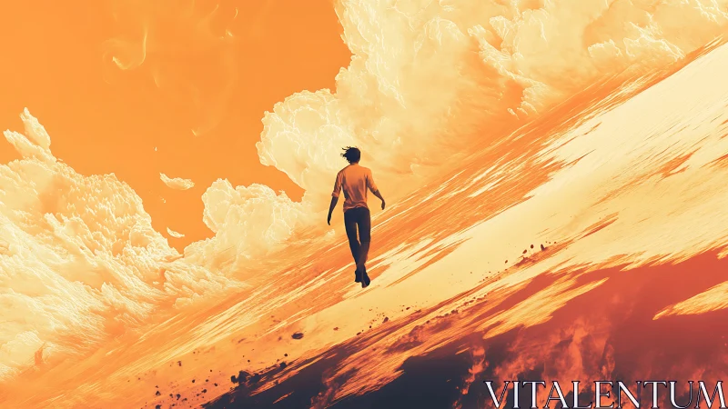 Solitary figure walks blazing slope under swirling clouds