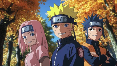 Anime ninja trio stand unified against vivid autumn forest