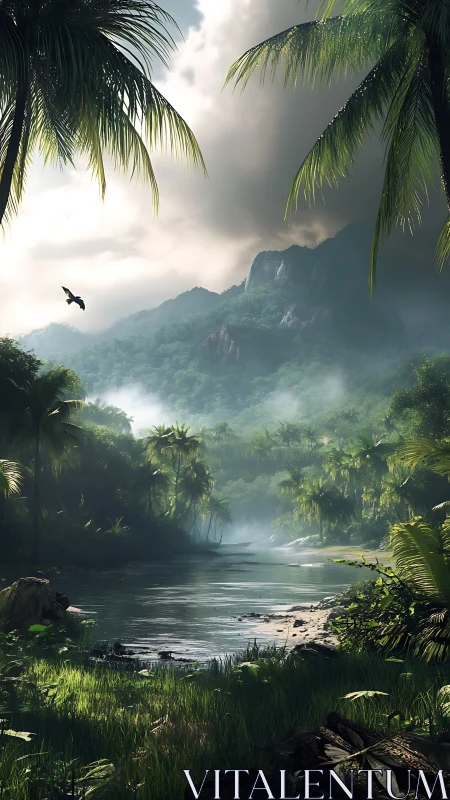 Tropical river valley cuts through misty jungle mountains