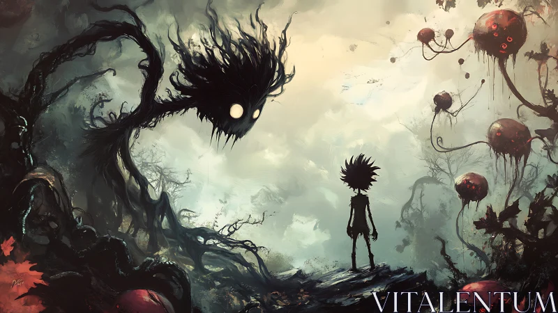 Child of shadows meets gentle monster in misty dreamland.