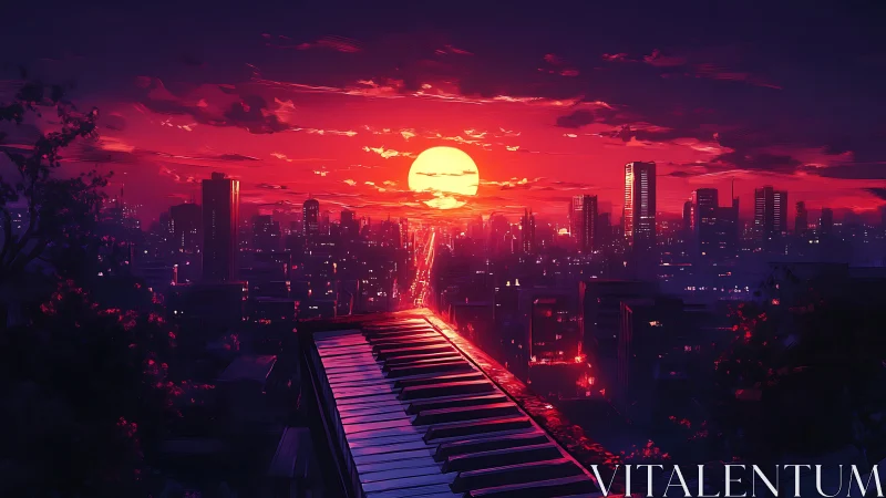 Synthwave city sunset with rooftop piano and neon glow.