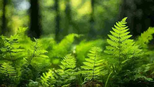 Lush Ferns in Sunlit Forest, Nature Photography Style.