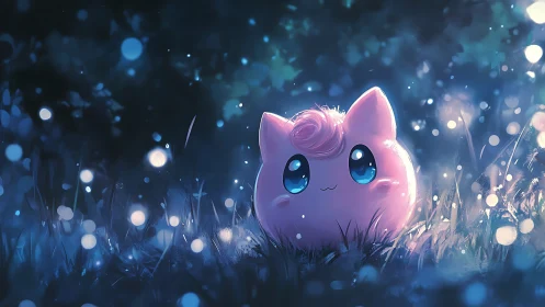 Soft pink creature glows in a dreamy moonlit forest clearing