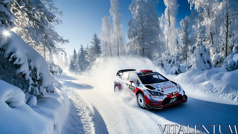 Rally car powers through sunlit snowy forest stage