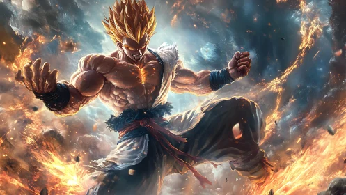 Explosive golden warrior unleashing fiery cosmic power.