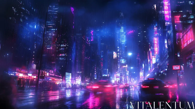 Neon city street shows wet roadway and blurred night traffic