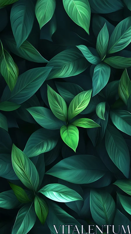 Lush emerald foliage pattern under deep shadowed lighting