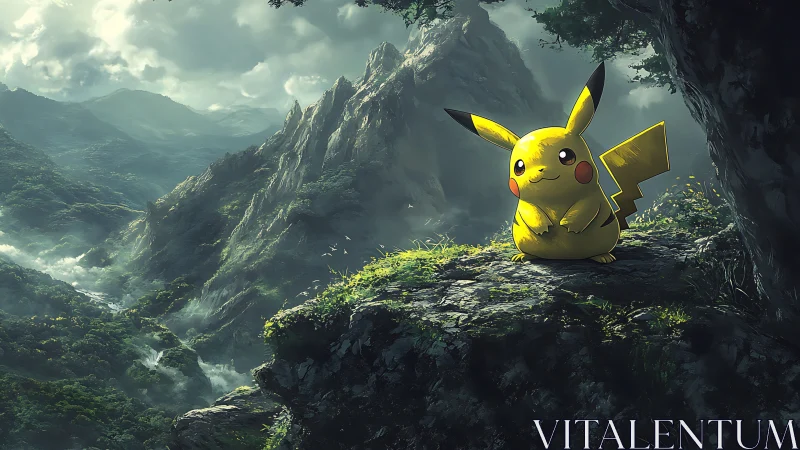 Cheerful Pikachu resting on a quiet, misty mountain ledge.