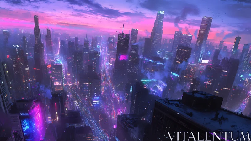 Neon city skyline shows dense futuristic high-rise district