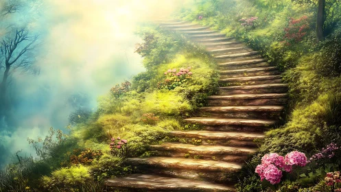 Stone garden stairway ascending through misted foliage.