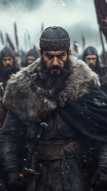 Battle-hardened medieval warlord in fur cloak leads armored vanguard