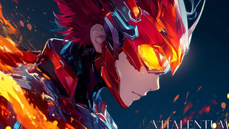 Flaming armored anime hero in glowing red mech helmet.