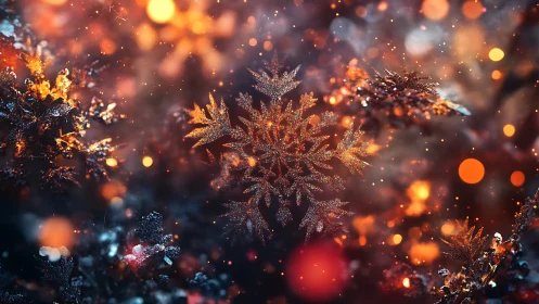 Golden snowflake sparkles softly amid glowing winter lights
