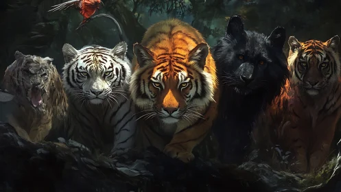 Big Cats Gathered in Forest Setting.
