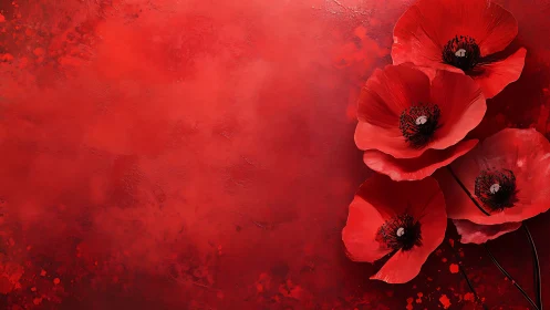 Red poppies rendered against textured deep crimson background surface.