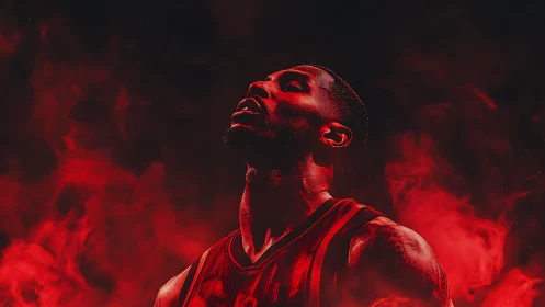 Intense red-lit basketball portrait in dramatic rising smoke