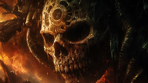 Burning biomech skull engulfed in molten industrial decay.