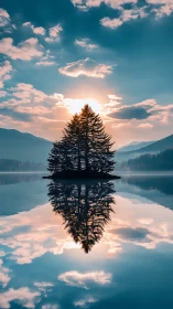 Isolated conifer island mirrored in calm mountain lake at dusk.