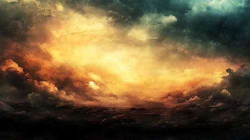 Turbulent cloudscape over dark sea with radiant stormbreak