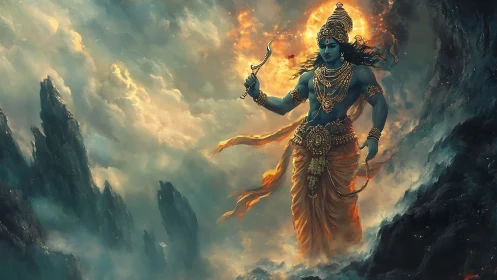 Divine blue warrior strides through celestial storm clouds