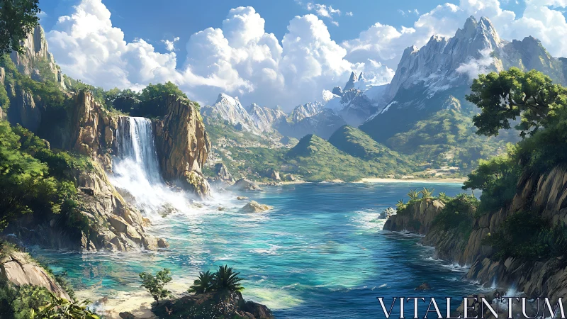 Alpine Lake Crowned by Cascading Waterfall and Granite Peaks.