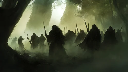 Hooded warriors advance through misty haunted forest at dawn.