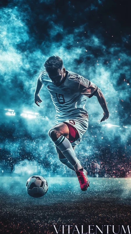 Soccer player in white kit controlling ball on stadium field.