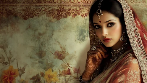 Elegant Indian Bride in Traditional Attire, Vintage Artistic Style.