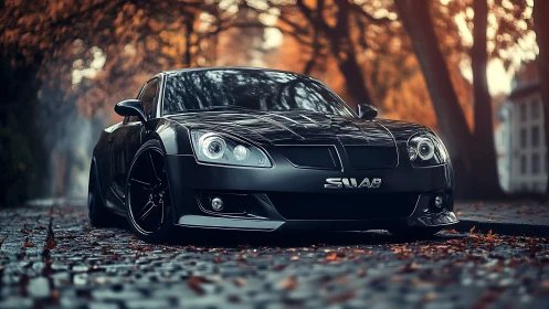 Midnight tuner coupe stalks an autumn street in slick chrome.