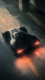 Futuristic stealth car glows in a dim rainy underpass.