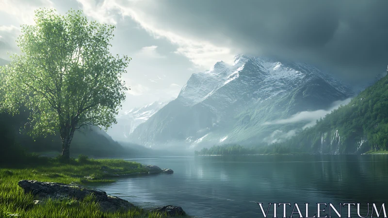 Quiet lakeside morning beneath misty snowlit mountains.