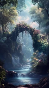 Lush forest arch over misty waterfalls and river scene.