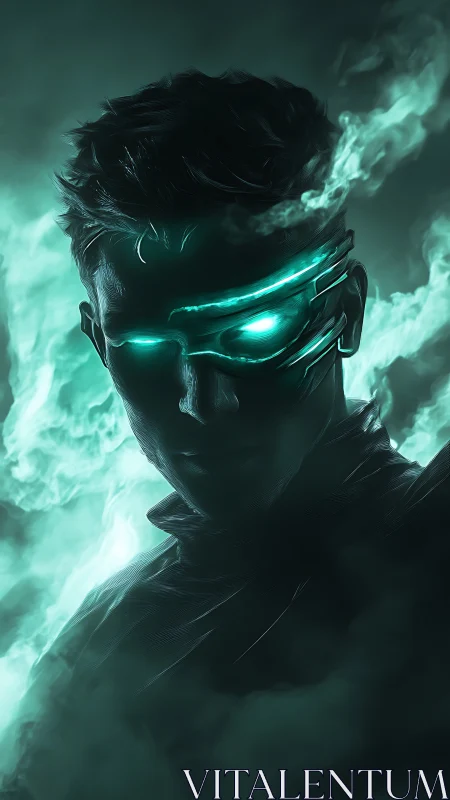 Neon-masked vigilante emerges through swirling emerald smoke.