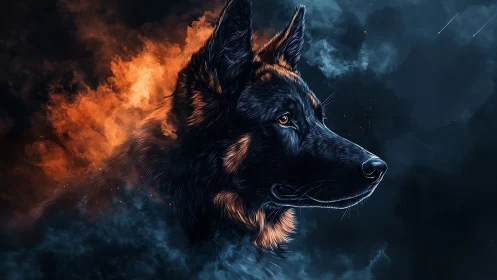 German shepherd portrait in blue and orange smoke clouds