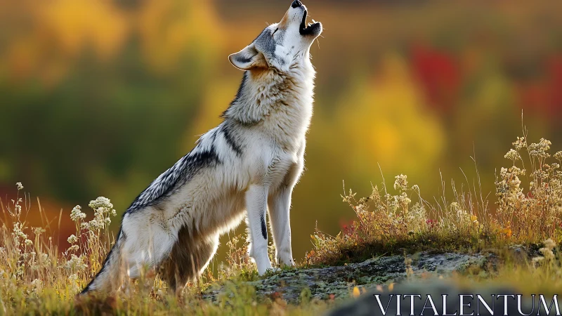 Lone wolf howling softly over a golden autumn hillside.