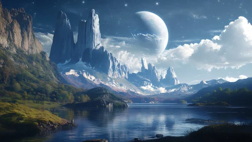Alien mountain range rises over tranquil reflective lake world