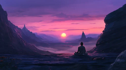 Solitary monk in violet mountains watches tranquil sunrise.