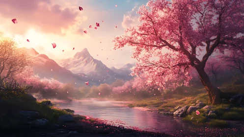 Tranquil cherry blossom river under soft mountain sunset.