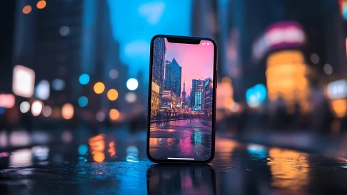 Smartphone on wet city street showing neon skyline at night.