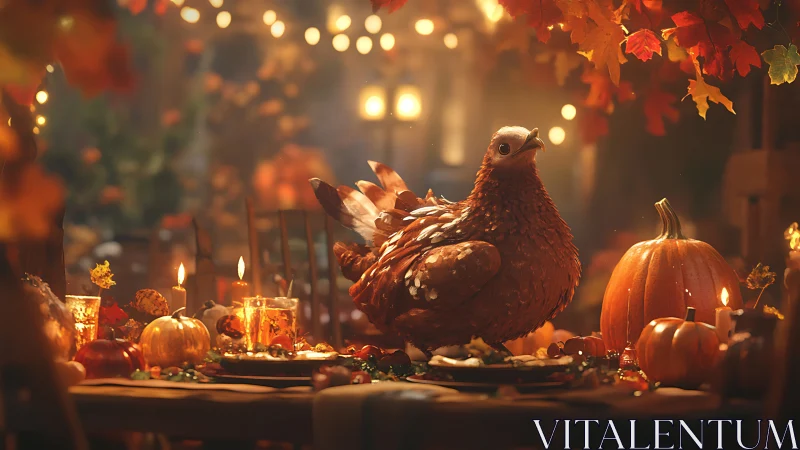 Autumn banquet bird rules a glowing harvest feast table.