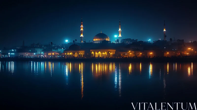 Golden waterfront mosque glows softly under deep blue night