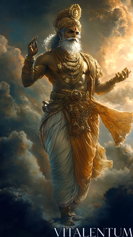 Radiant celestial deity strides through sunlit storm clouds